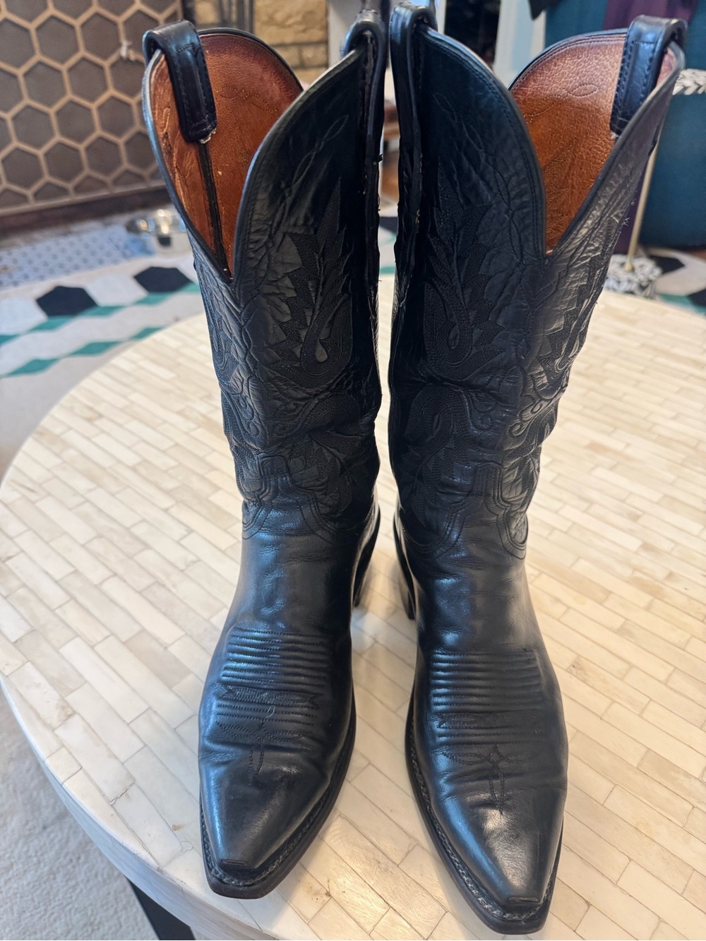 Lucchese 1883 Black Leather Cowboy Boots Women's 7.5B Pointed Toe Western